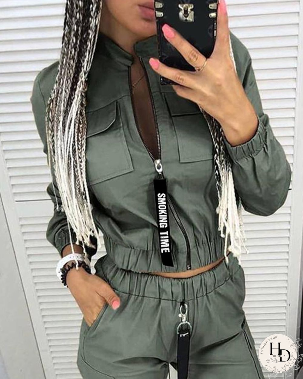 Pockets Zipper Design Ruched Coat & Cargo Pants Set