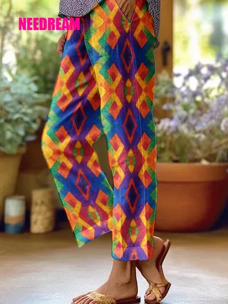 Womens Retro Art Geometry Pattern Loose Casual Pants (With Pockets)