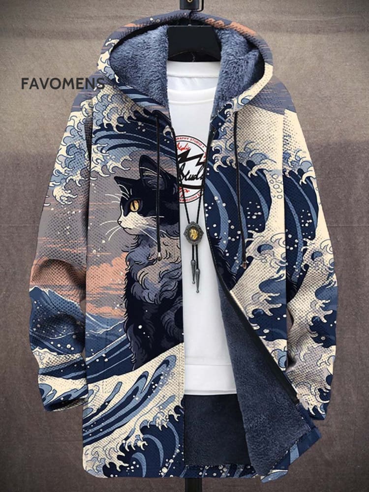 Japanese Ukiyo-E Kanagawa Wave Cat Unisex Plush Thick Long-Sleeved Sweater Cardigan Coat Multicolor