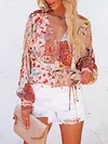 Floral Print Loose Chiffon Lantern Sleeve Casual T-Shirt Top