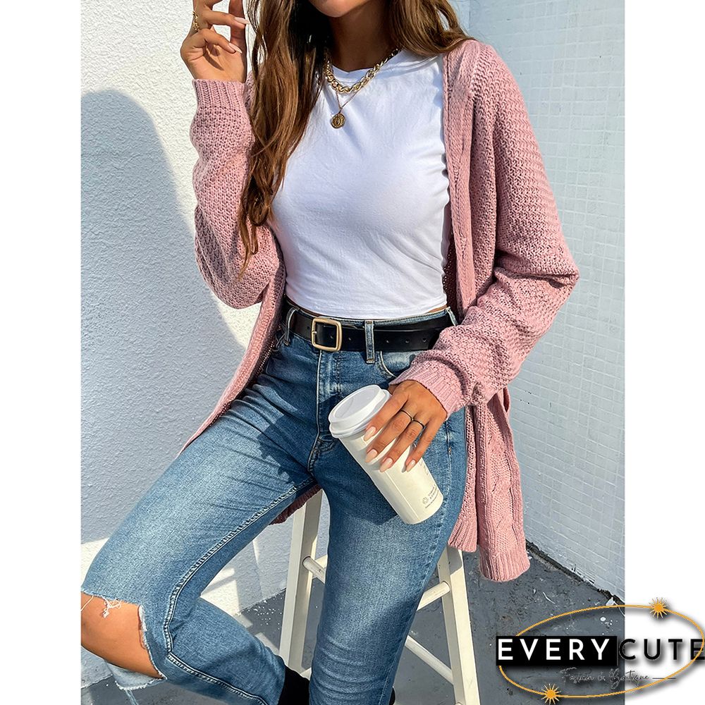 Pink Cable Knit Long Cardigan with Pocket
