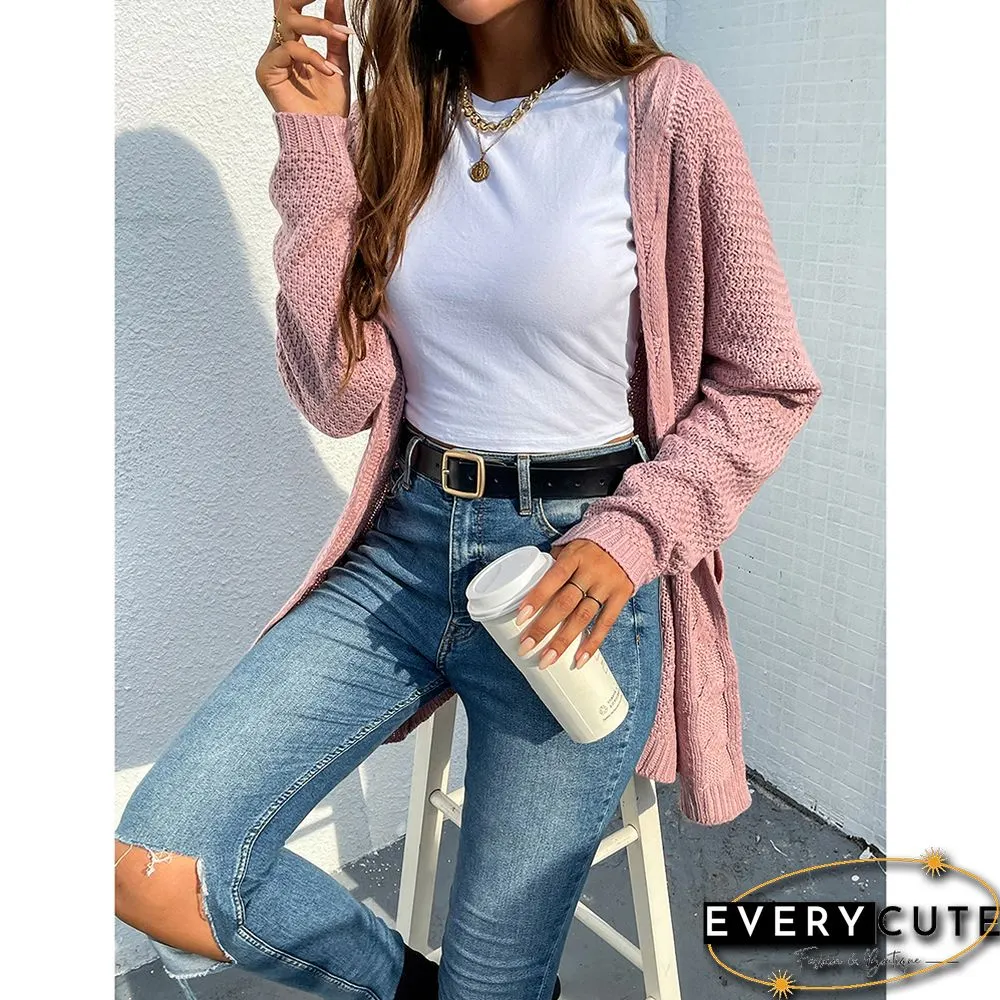 Pink Cable Knit Long Cardigan with Pocket