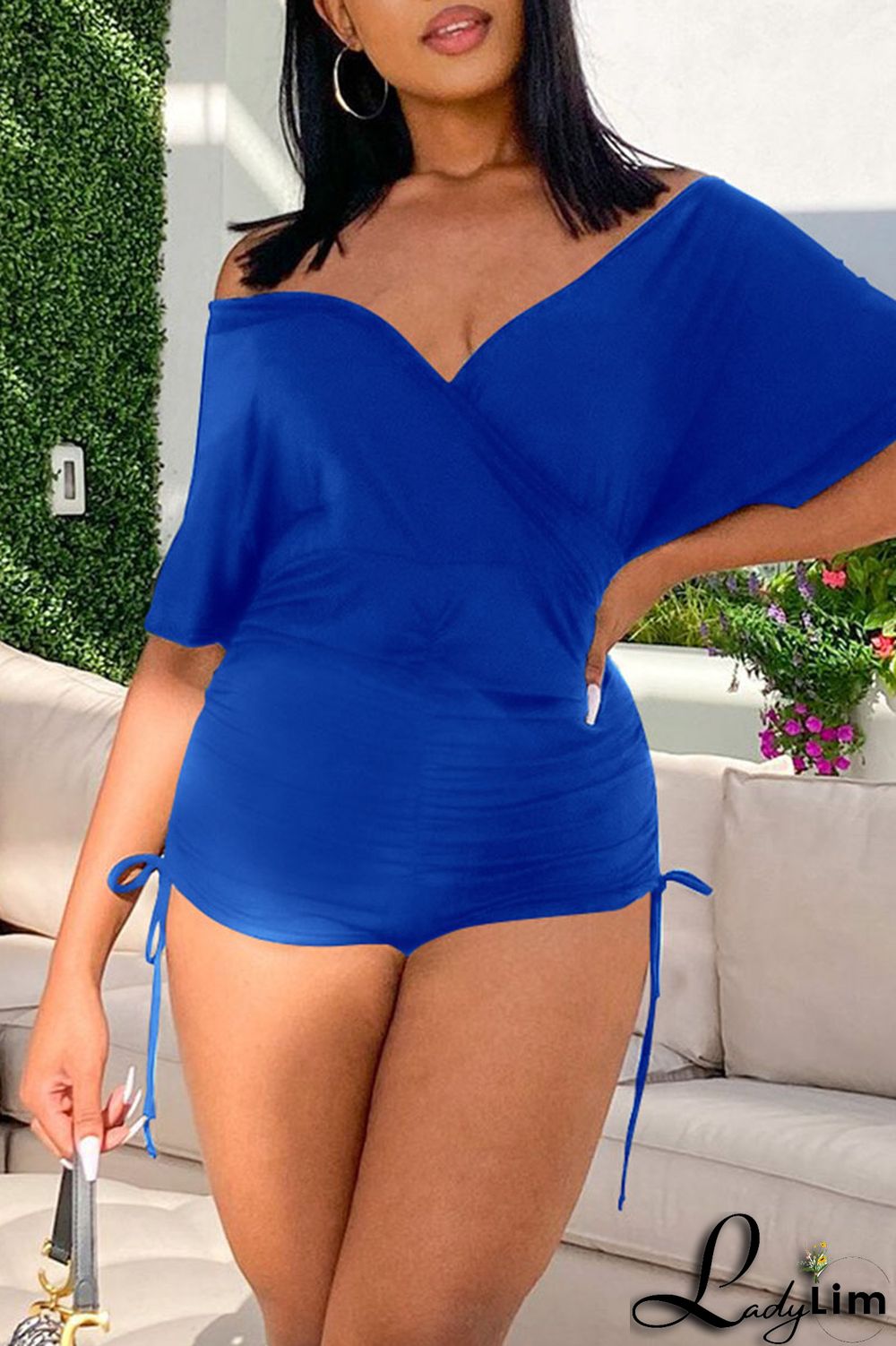 Royal Blue Sexy Solid Split Joint V Neck Regular Jumpsuits
