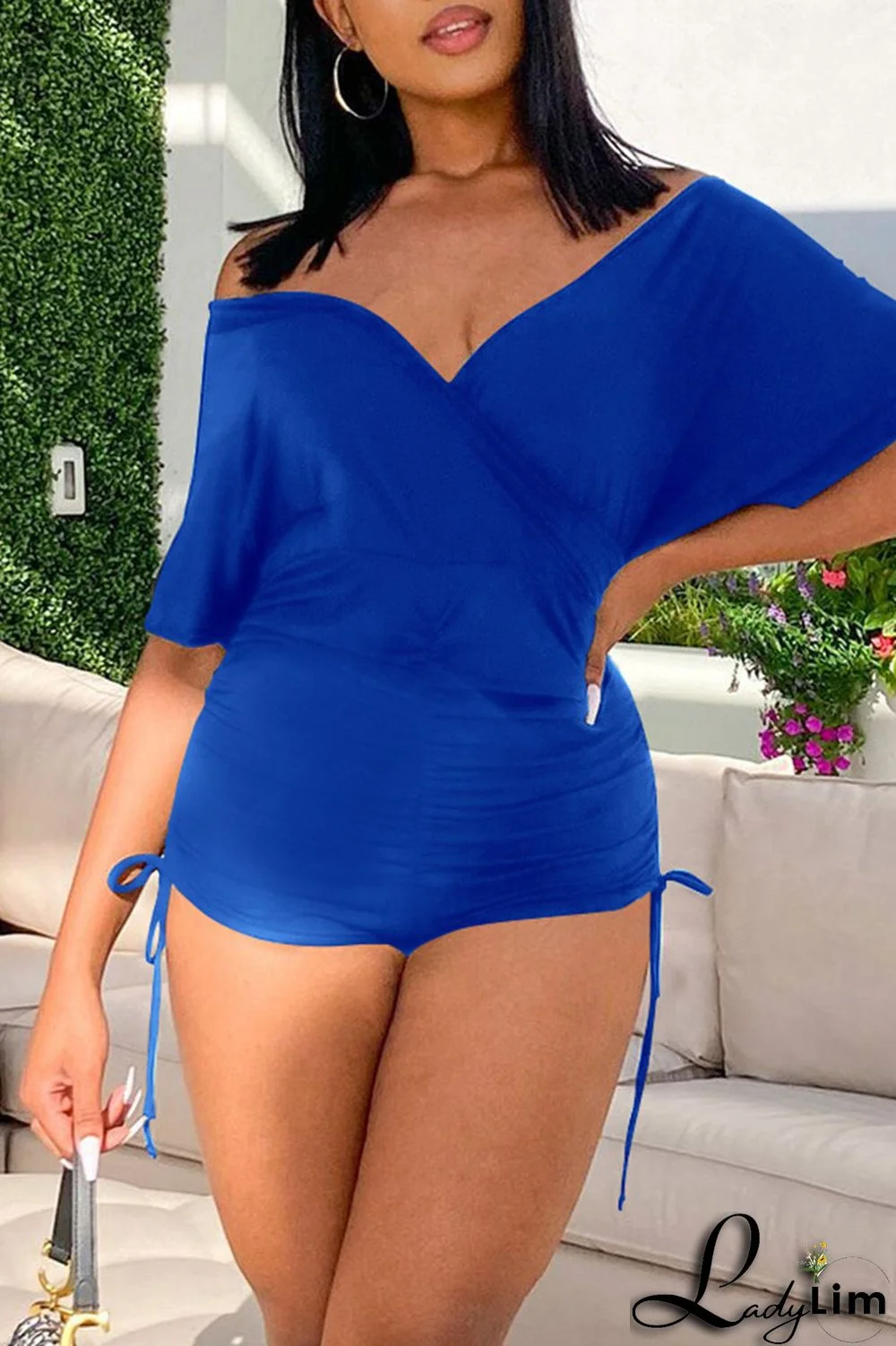 Royal Blue Sexy Solid Split Joint V Neck Regular Jumpsuits