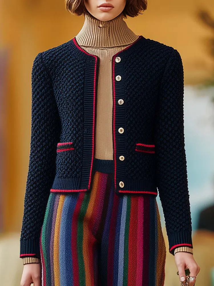 Retro Exquisite Fashion Red Trim Front Button Dark Blue Knitted Cardigan