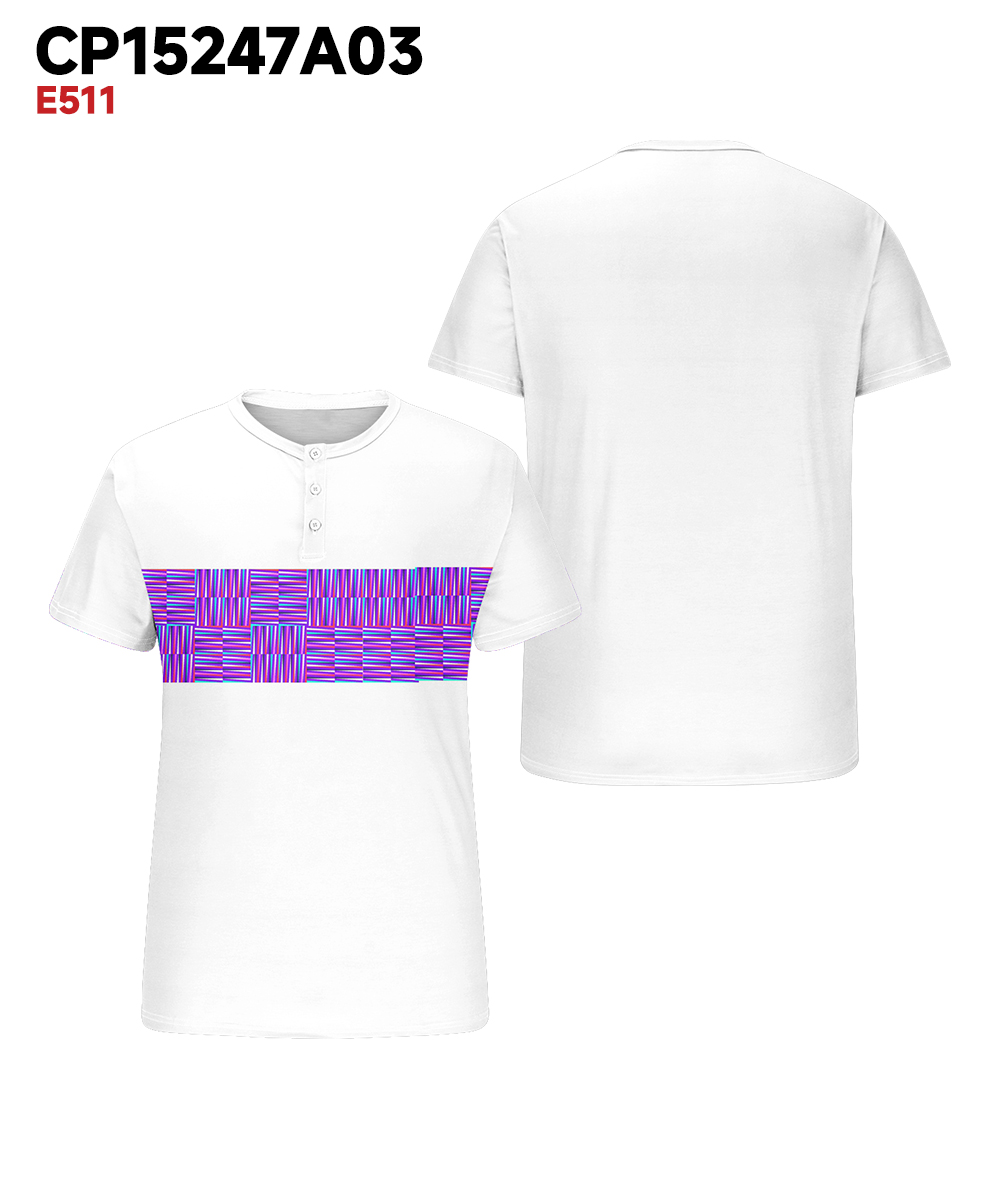 Big & Tall Men's White Spell Purple Stripe Geometric Print Henry Collar Button Short Sleeve T-Shirt