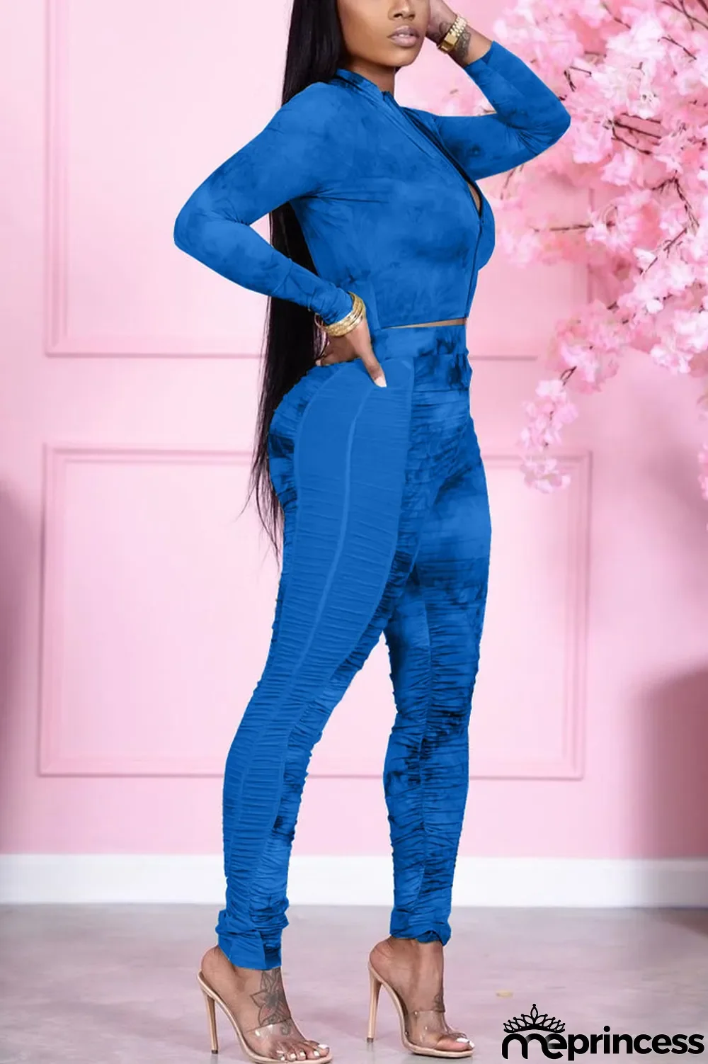 Blue Casual Print Solid Split Joint Zipper Collar Long Sleeve Two Pieces