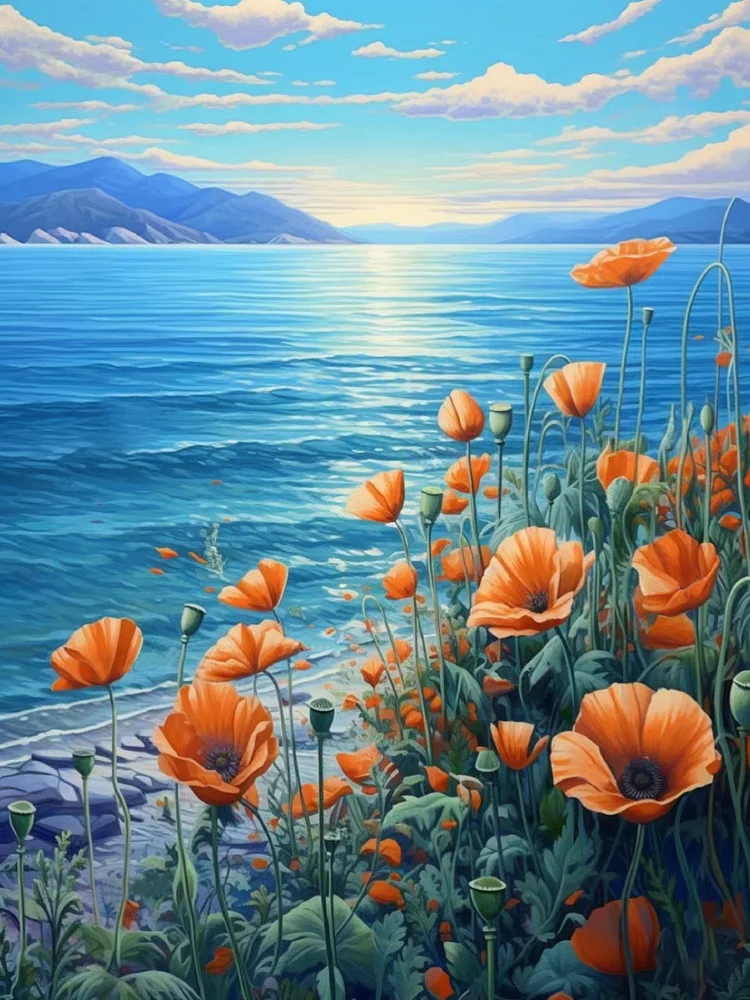 Poppies And The Sea 45*60CM(Canvas) Full Round Drill Diamond Painting gbfke