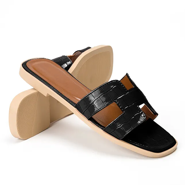 Womens Square Open Toe Summer Casual Flat Crocodile Slippers-vocosishoes