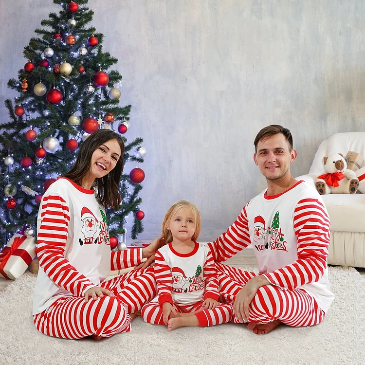 Santa & Tree Print Christmas Striped Parent-child Pajamas For Family