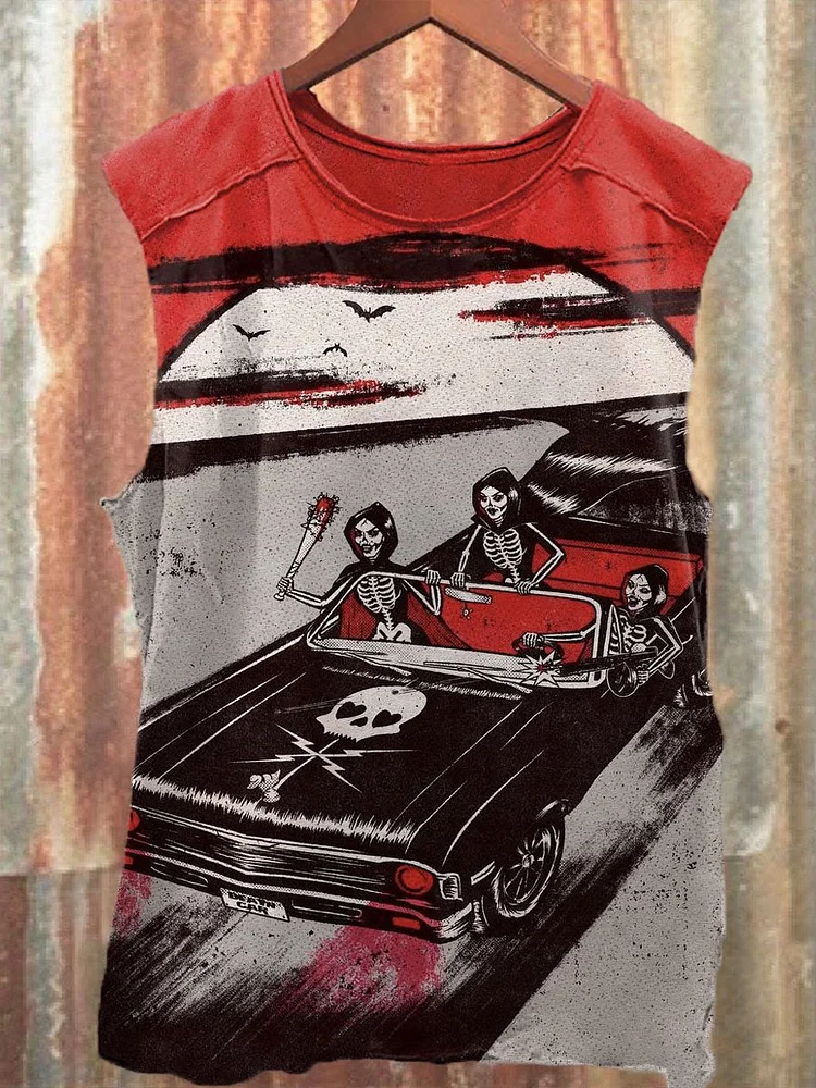 Halloween Car Woman Skull Illustration Print Classic Tank Top