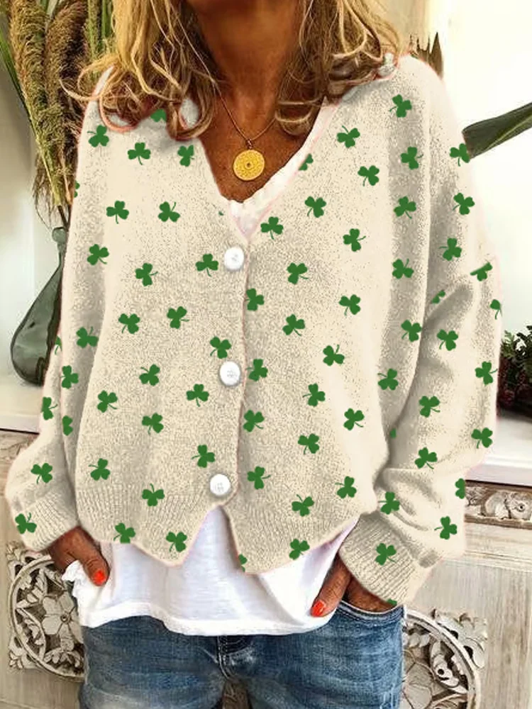 Women's St. Patrick's Day Shamrocks Print Casual Cardigan