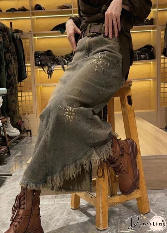 Organic Grey Asymmetrical Patchwork Sashes Tassel Sequins Denim Maxi Skirt