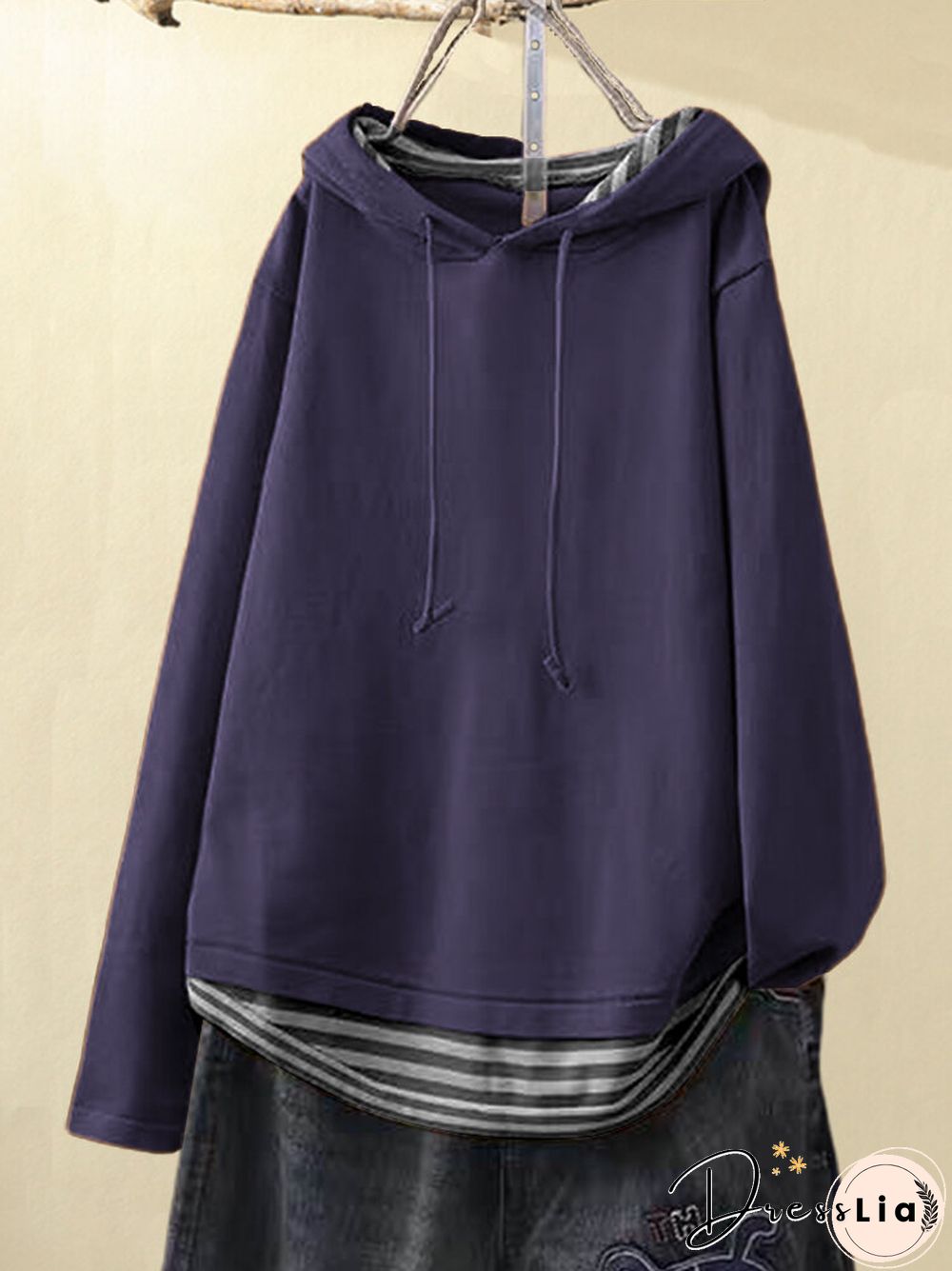 Casual Solid Color Patch Striped Long Sleeve Hoodie For Women