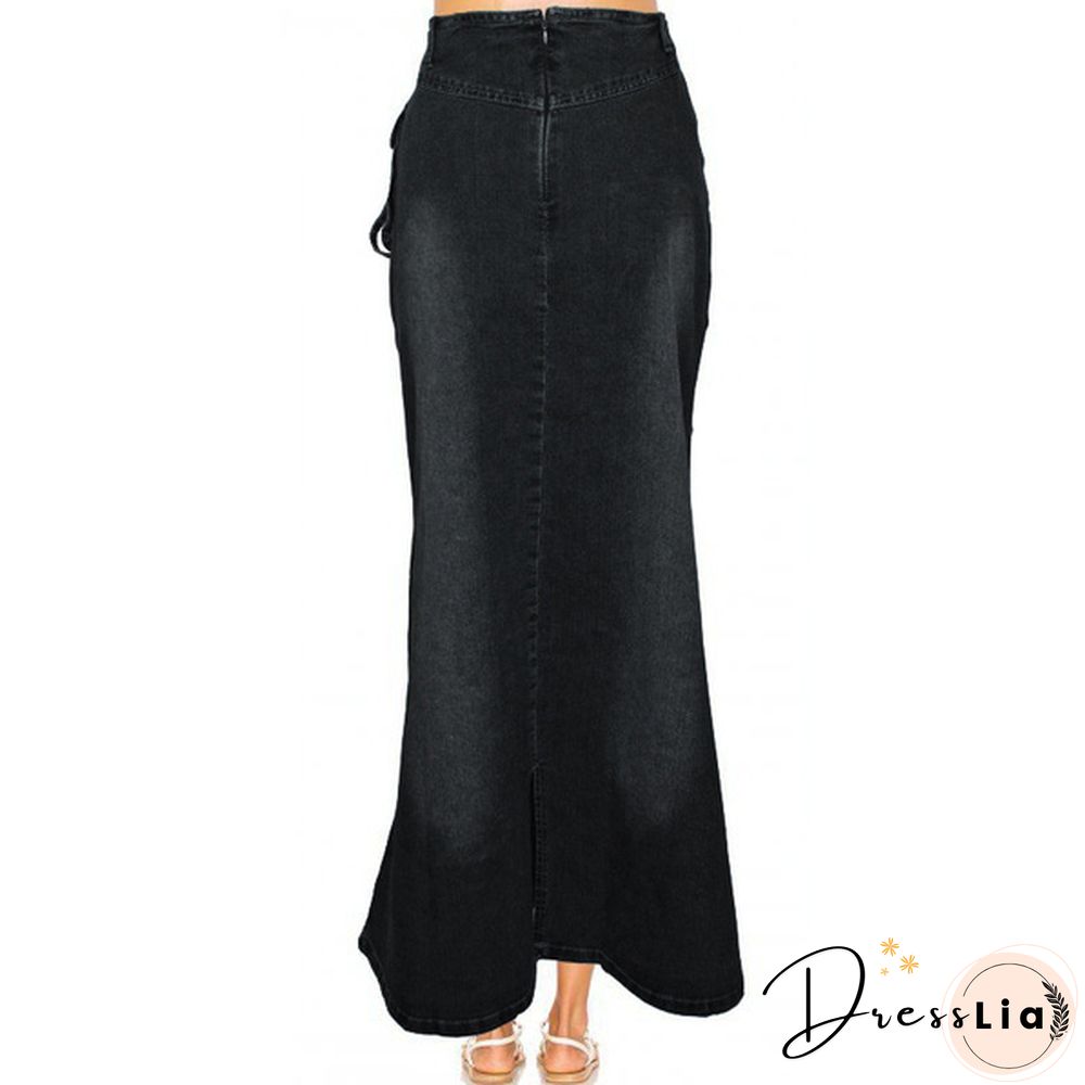 Women Fashion Casaul Stretch Cargo Denim Skirt Bell Skirt Floor Length Washed Denim Jeans Skirt Plus Size