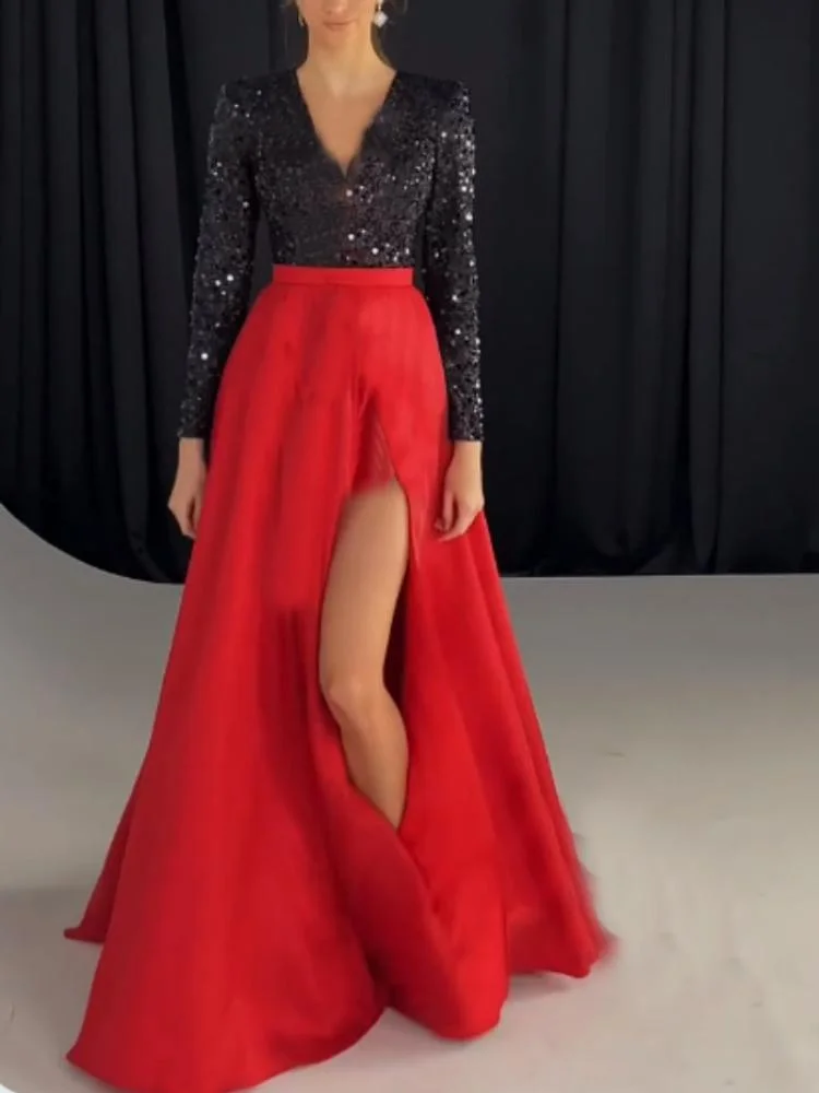 Neosepa-Contrast Color Black Sequins And Red Skirt Long Sleeve Slit Prom Dress