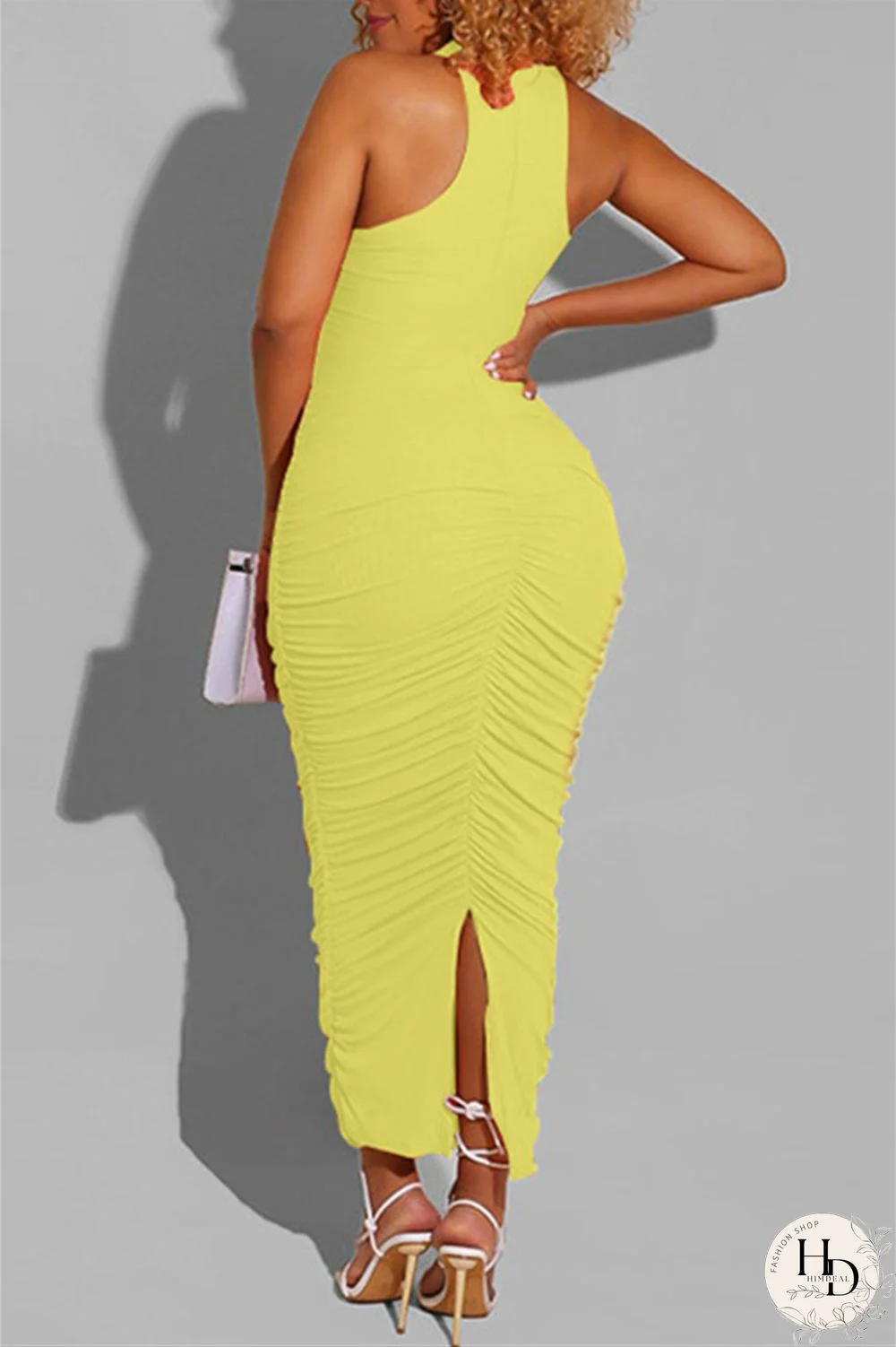 Yellow Fashion Sexy Solid Fold O Neck Sleeveless Dress