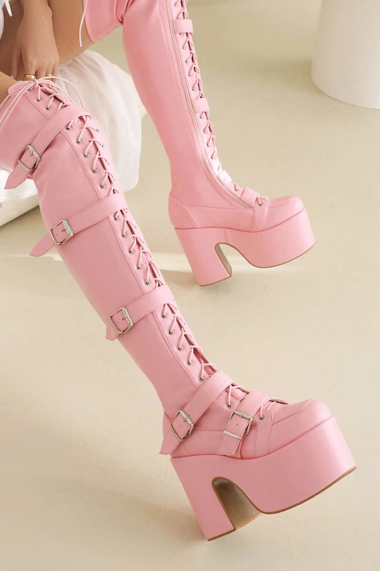 Gothic Pink Party Lace Up Grommet Buckle Strap Wedge Thick Bottom Boots
