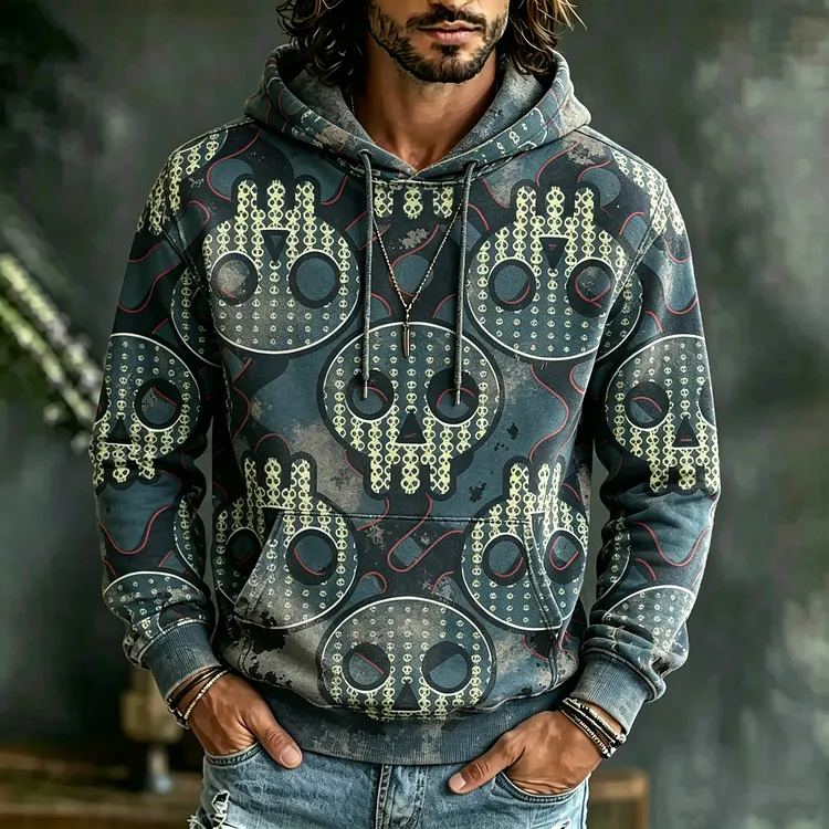 Men's Retro Acid Washed Gothic Style American Casual Polka Dot Skull Seamless Print Hooded Sweatshirt