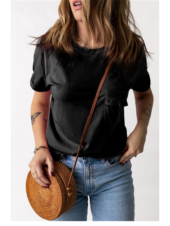 New Fashion Short-sleeved T-shirt Female Summer Round Neck Loose Pockets Decorated Solid Color Wooden Ear Edge Pullover Shirt Female