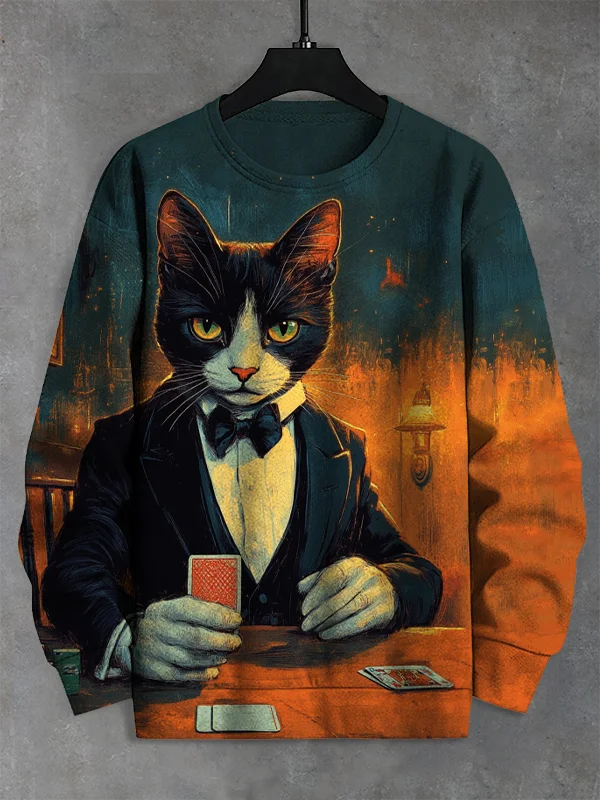 Men's Play Poker With Cat Print Casual Sweatshirt