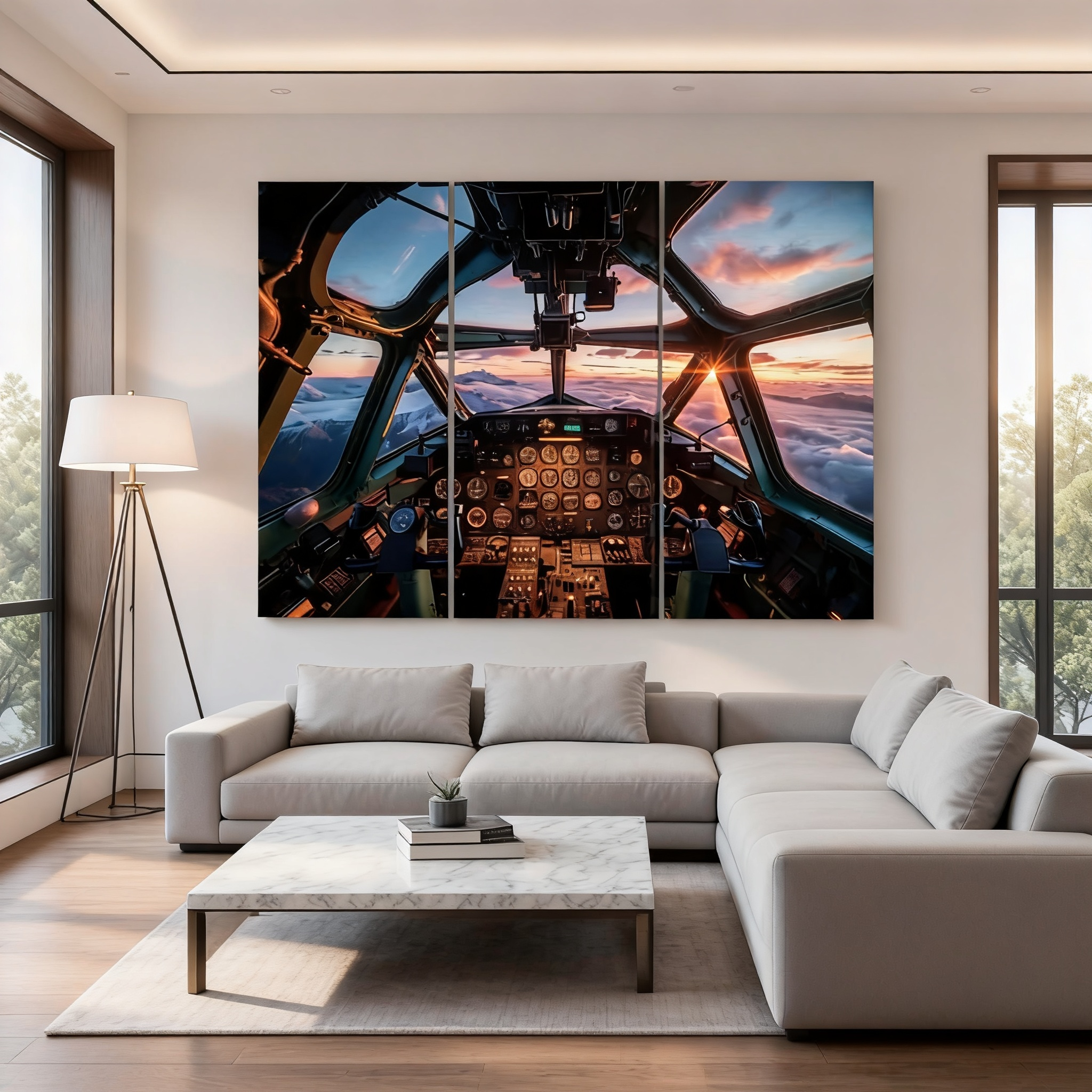 3-Piece Set Vintage Cargo Plane Cockpit Over Mountain Sunset Canvas Wall Art