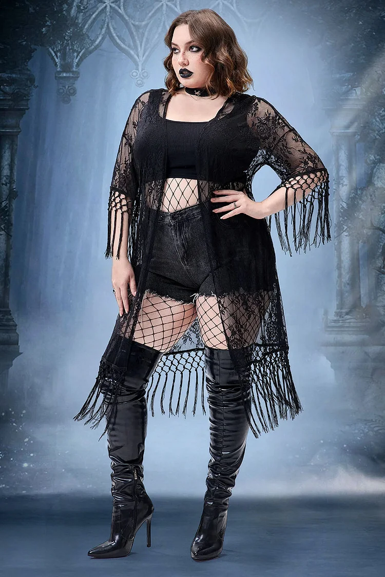 Xpluswear Design Plus Size Halloween Costume Gothic Black See-Through Lace Fringe Cardigans 