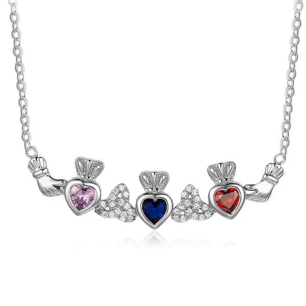S925 Sterling Silver Personalized Claddagh Necklace with 3 Birthstones