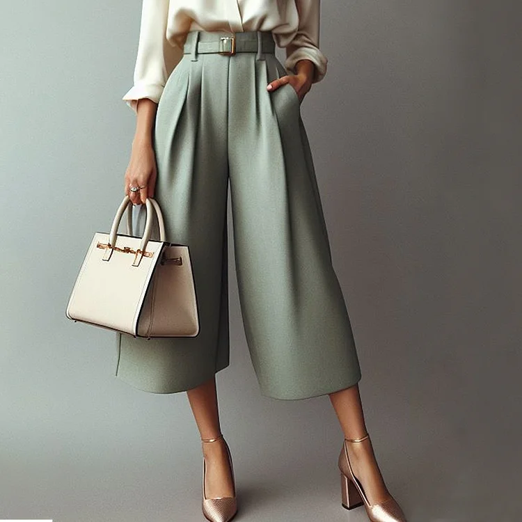 Formal High Rise Pocket Pleated Wide Leg Capri Pants