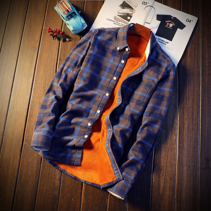 Thanksgiving Day Gifts Men's Brand  Winter Long-Sleeved Shirts Men's Casual Plus Velvet Thick Plaid Large Size Shirt Trendy Men's Harajuku Warm Jacket