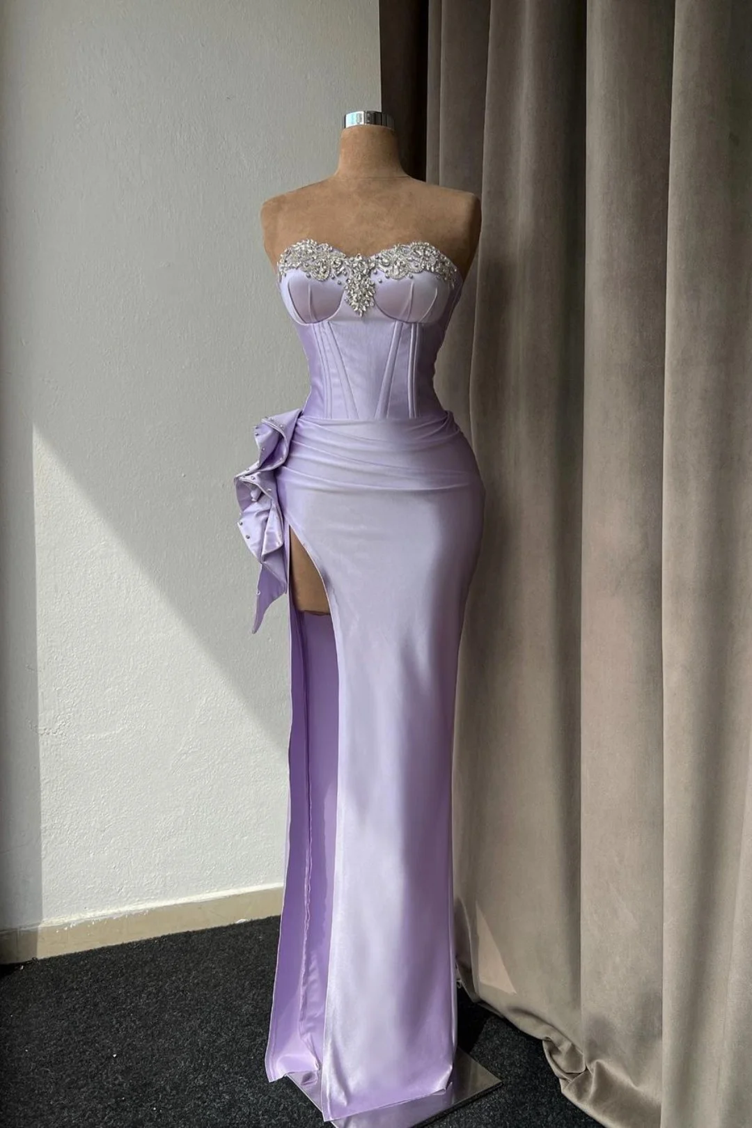 Lisliy Light Purple Prom Dress With Rhinstone High Slit Gown Sleeveless 