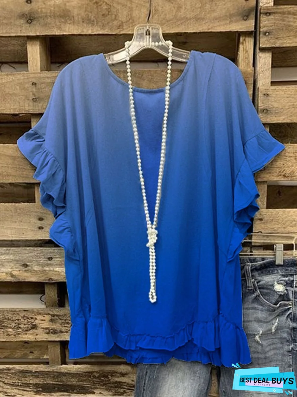 Blue Ombre/Tie-Dye Printed Ruffled Short Sleeve Shift Top