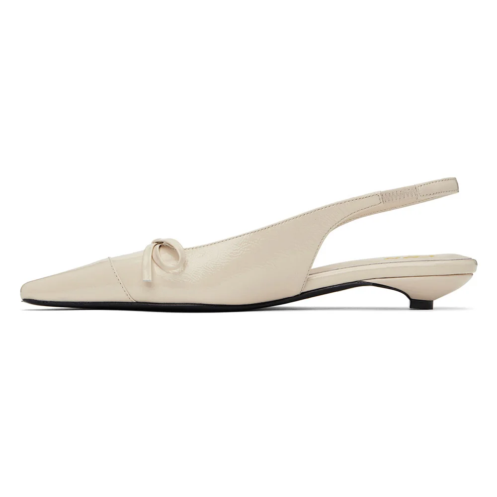 Ivory Patent Leather Bow Decor Slingback Pointed Toe Flats