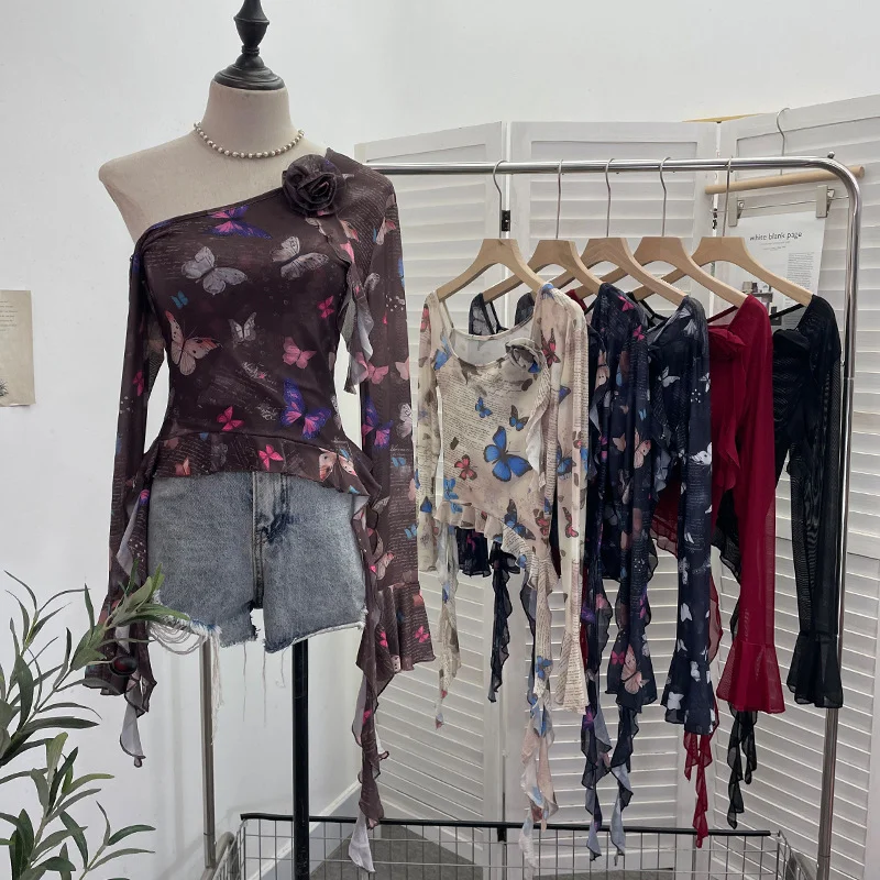 Uveng Tie Dyed Elastic Mesh Oblique Shoulder Irregular Horn Long-Sleeved T-Shirt Flower Short Floated Female 9932