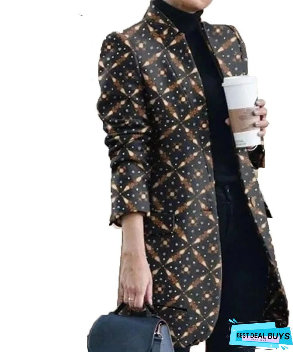 New Autumn and Winter Fashion Print Collar Woolen Coat Women