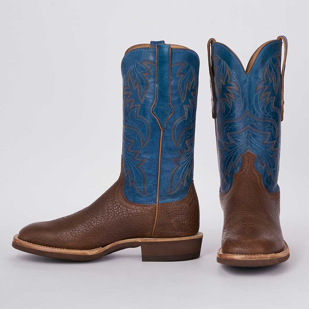 Blue & Brown Square Toe Chunky Heel Embroidered Cowgirl Boots Nicepairs