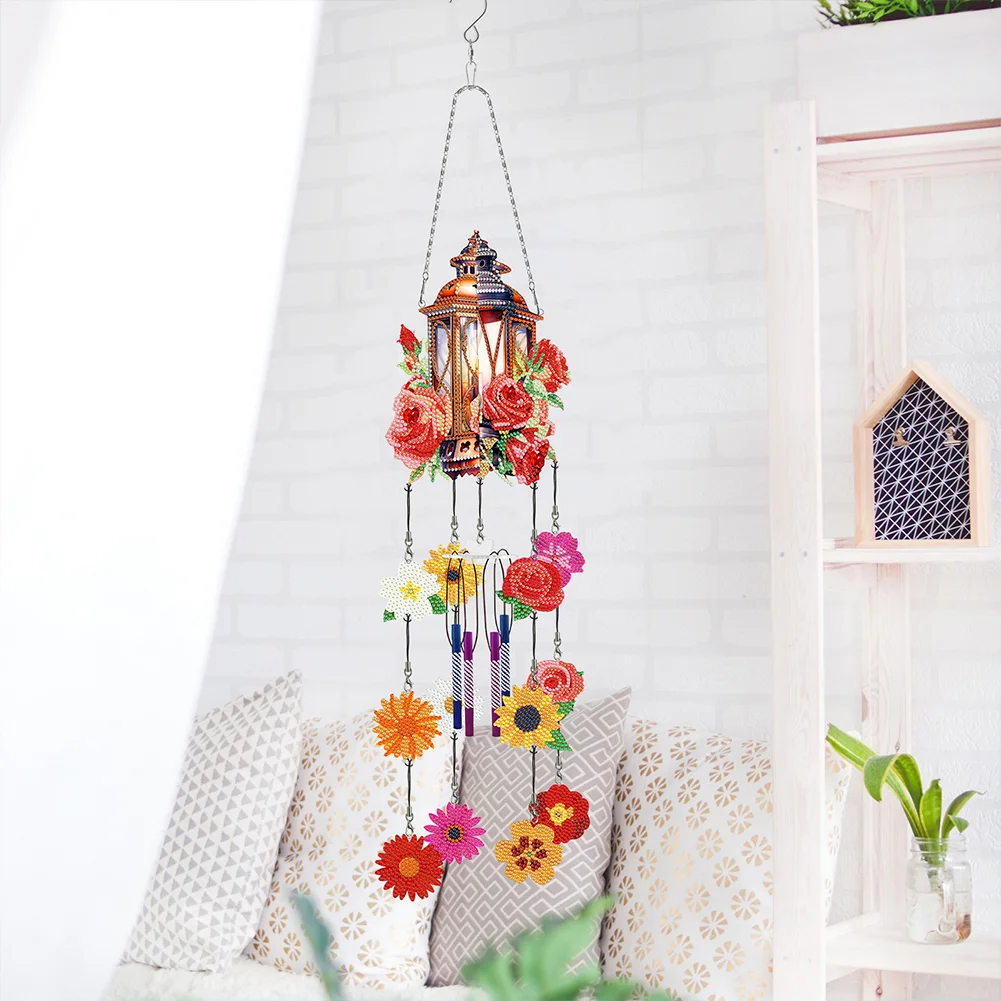 DIY Rose Lantern Double Side Wind Chime Diamond Art Hanging Pendant for Home Decor