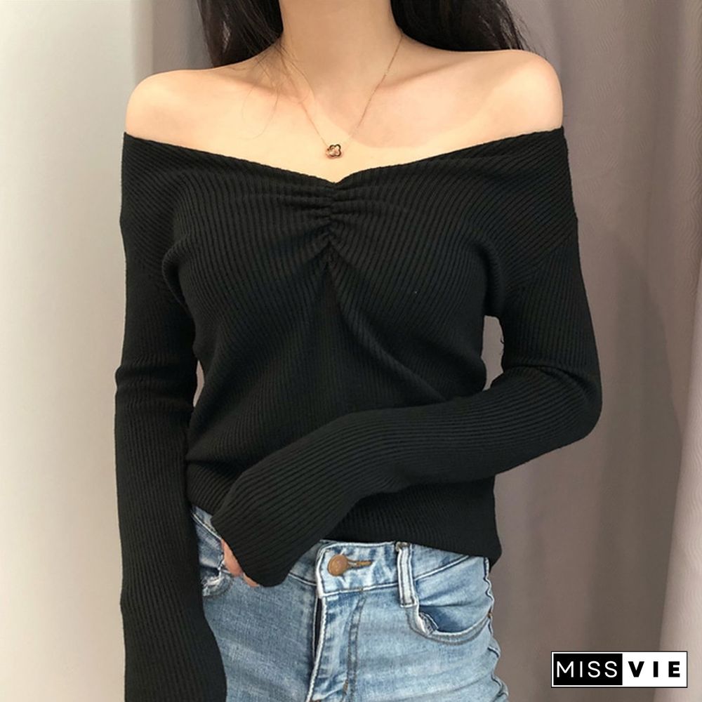 Fall Sexy V Neck Sweater And Pullover Women Slim Fit Long Sleeve Knitted Tops Female Korean Fashion Solid Color Soft Jumper