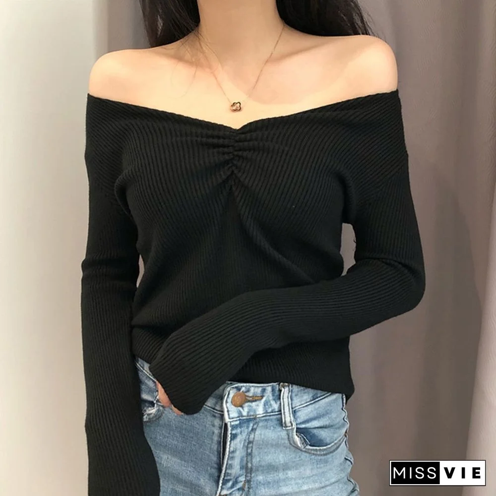 Fall Sexy V Neck Sweater And Pullover Women Slim Fit Long Sleeve Knitted Tops Female Korean Fashion Solid Color Soft Jumper