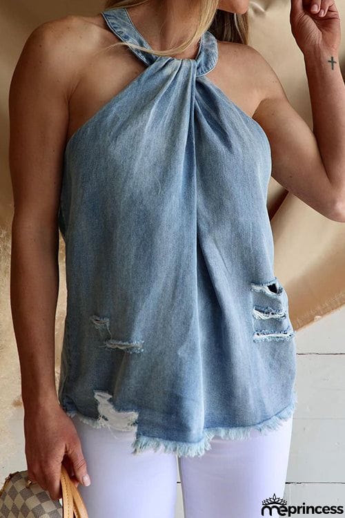 Ripped Raw Edge Halter Neck Top