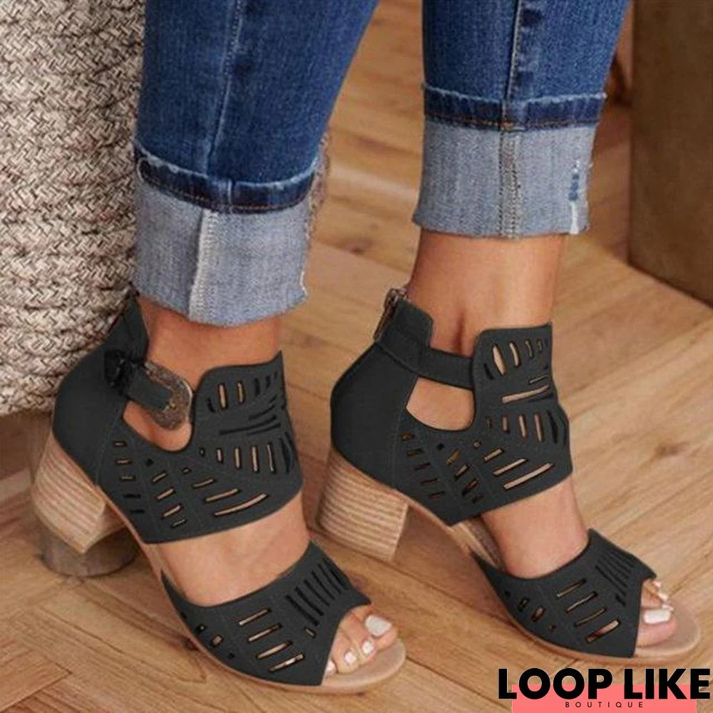 Women Fashion Vintage Hollow Out Peep Toe Square Heel Wedges Sandals High Heels Sandals Shoes