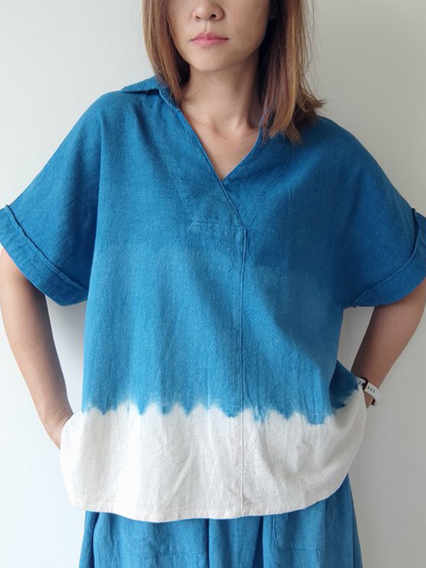 Loose Short Sleeve V Neck Back Button Blouses