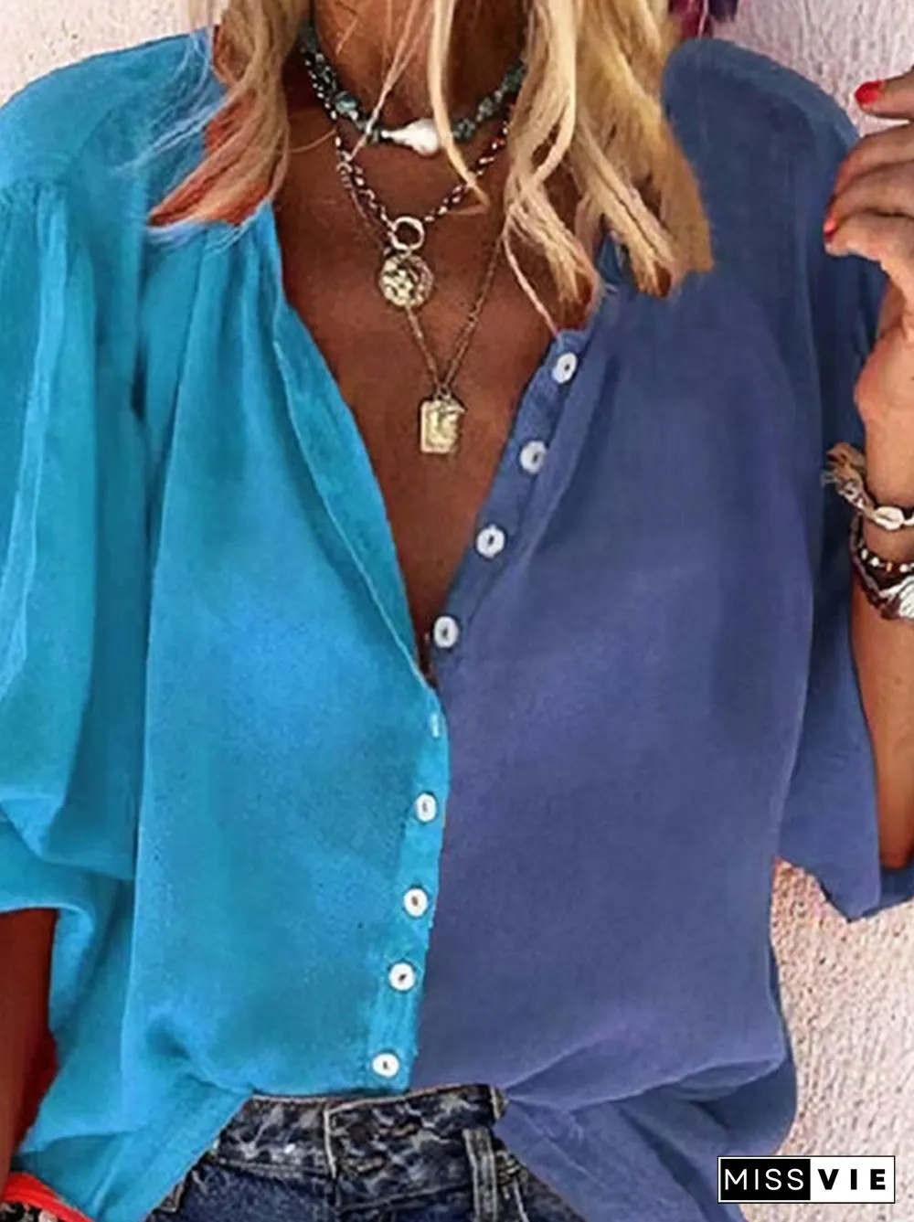 Color-block Casual Half Sleeve Blouse