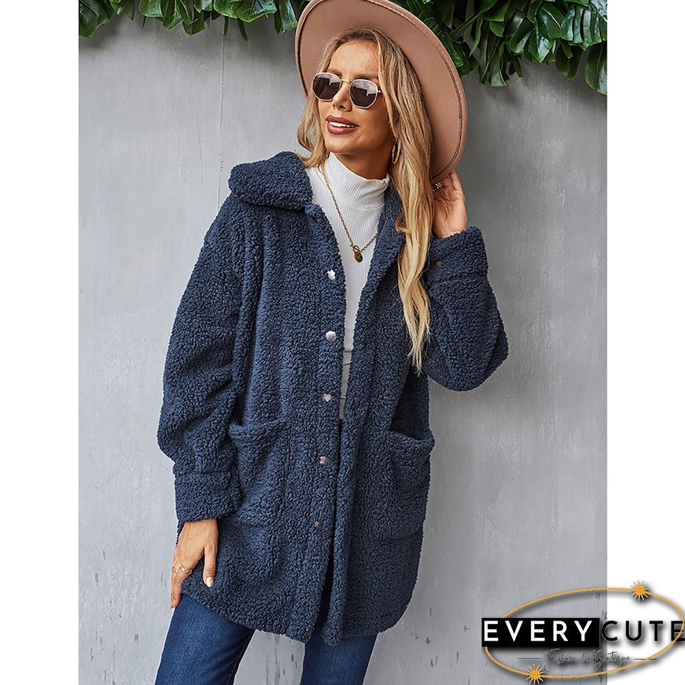 Navy Blue Double-sided Velvet Buttoned Plush Warm Coat