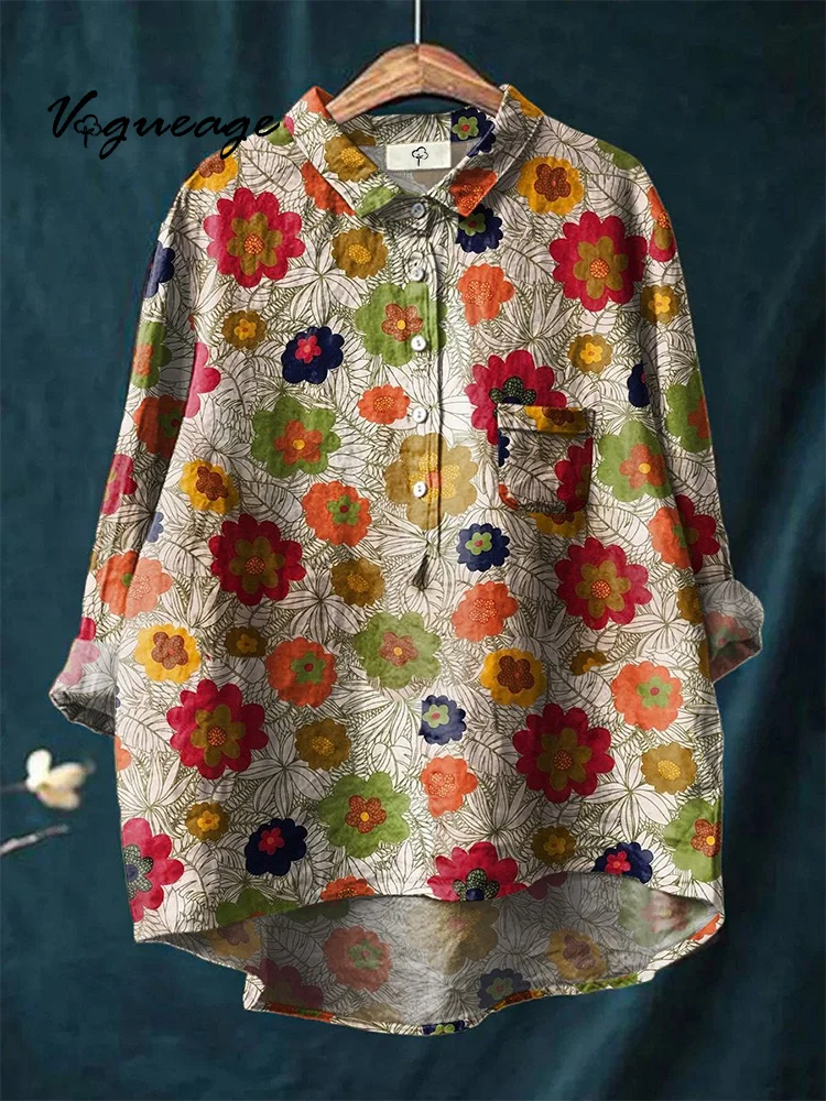 Elegant And Graceful Lines Colorful Flowers Print Cotton And Linen Shirt