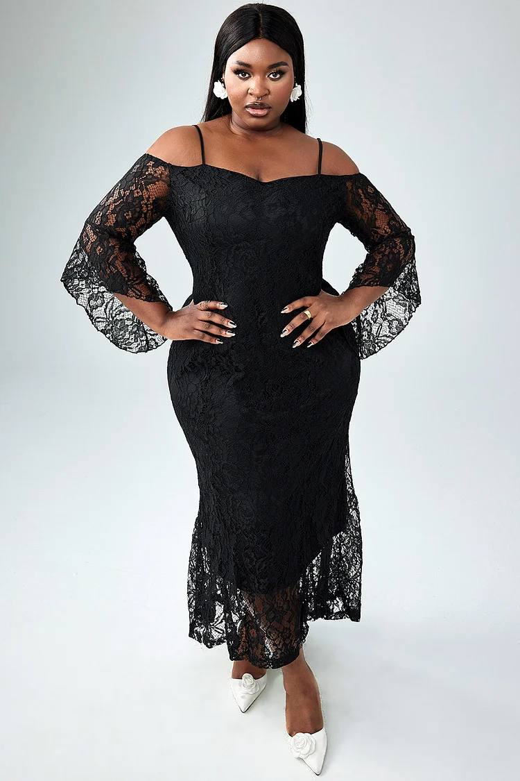 Xpluswear Design Plus Size Semi Formal Dress Black Off The Shoulder Bell Sleeve Lace Maxi Dress