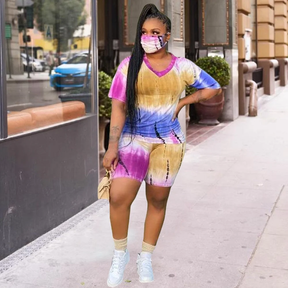Tie Dye Sport Suits Sets Women 2Pieces Plus Size Tracksuit Fashion Short Sleeve T-Shirt+Biker Shorts Female Active Wear XL-4XL