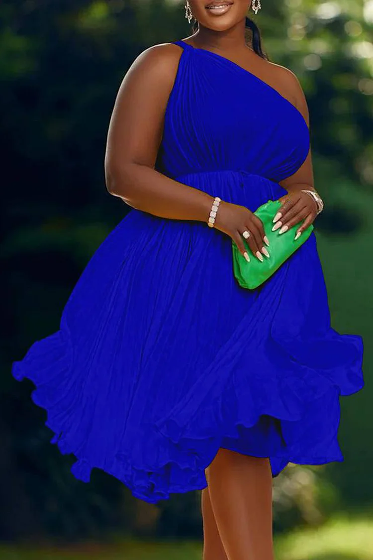 Plus Size Royal Blue Daily One Shoulder Pleated Babydoll Mini Dresses [Pre-Order]