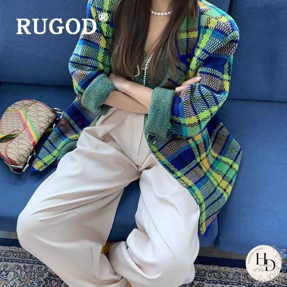 Fashion Bright Pink Green Plaid Knit Suit Korean Elegant Notched Collar Belted Vintage Jacket Autumn Winter Women's Suits