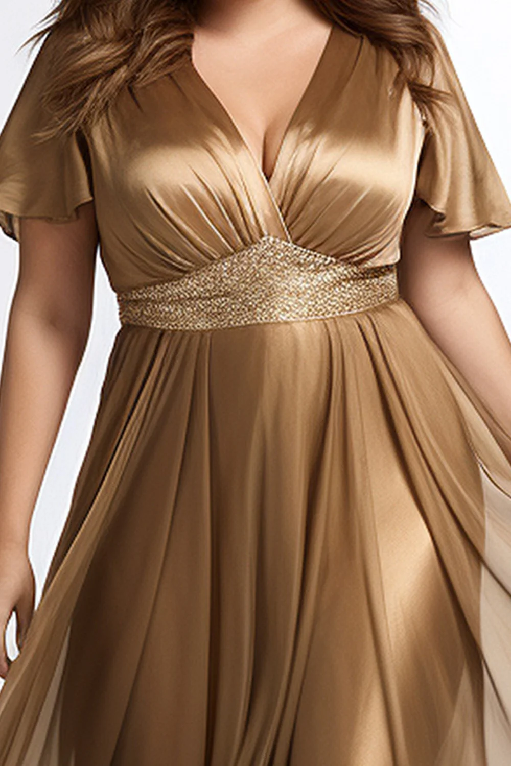 Flycurvy Plus Size Bridesmaid Gold Flutter Sleeve Empire Waist Chiffon Maxi Dress